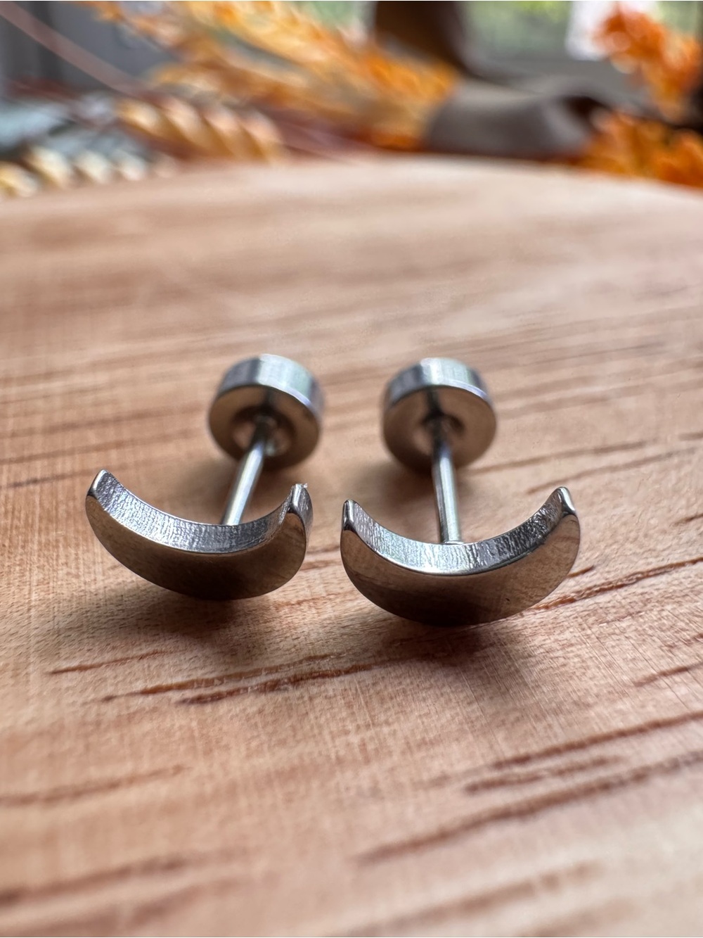 Stainless Steel Crescent Stud Earrings — Silver
